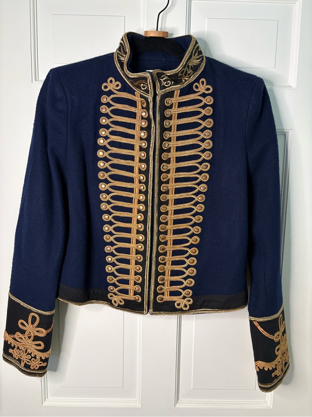Alice + Olivia Navy and Gold Embroidered Military Blazer